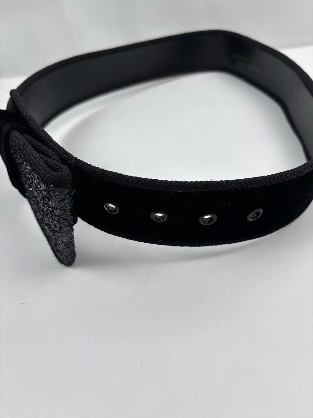 Vintage Black Velvet Glitter Bow Belt Made in USA Retro Statement Waist Belt M